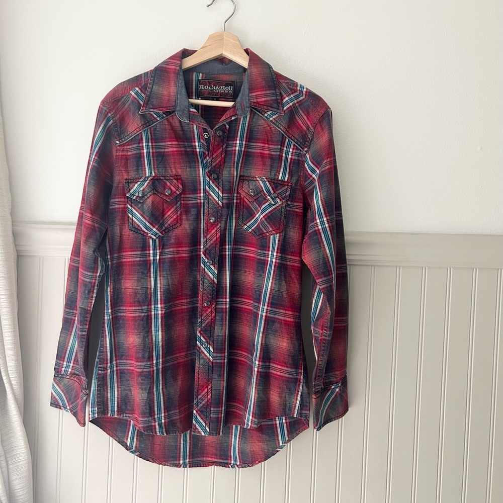 Rock & Roll Cowboy Men's Small Red & Blue Pearl Snap Plaid Button-Down Shirt